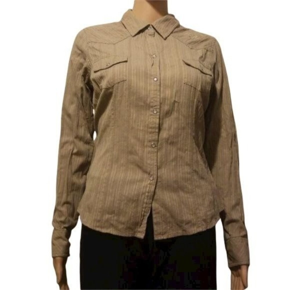 Lee tan brown pearl snap button up top sz M